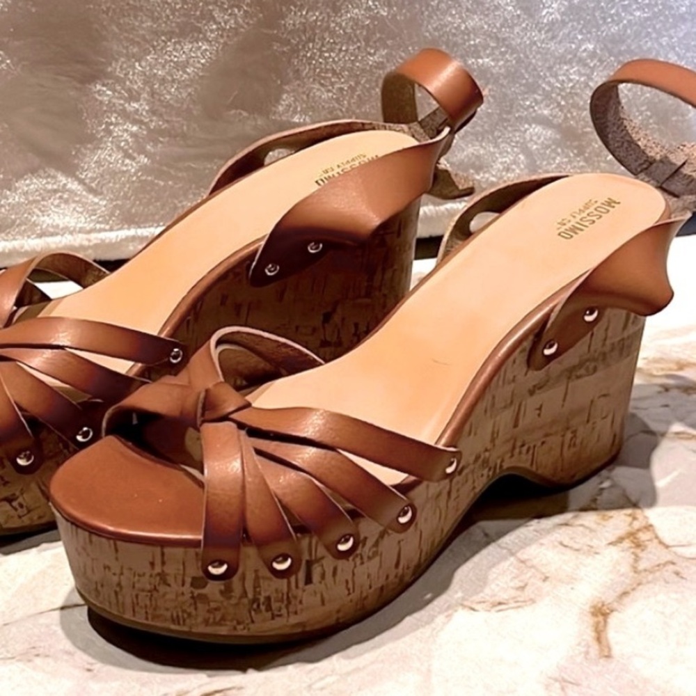 LK NW MOSSIMO 👡 FAUX BROWN LEATHER 4” CORK HEEL PLATFORM WEDGE SANDALS Womens 10 - Picture 3 of 16